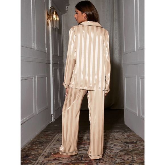 White 2 piece pajama set: Contrast Binding striped Satin pj Set - Picture 9 of 11